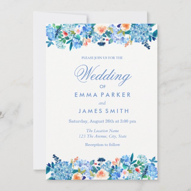Invitación a la boda de Blue Peach Floral Peonies (Anverso)