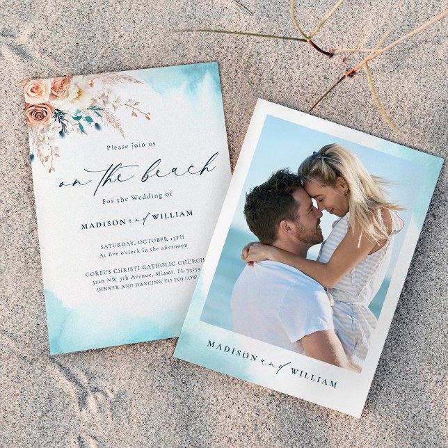 Invitación a la boda de Blue Watercolor Beach (Subido por el creador)