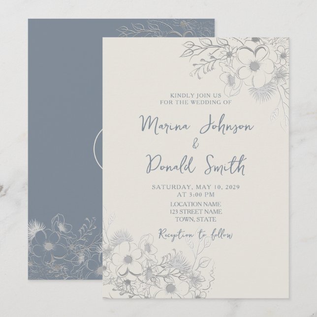 Invitación a la boda de Blue Wildflower Periwinkle (Anverso / Reverso)