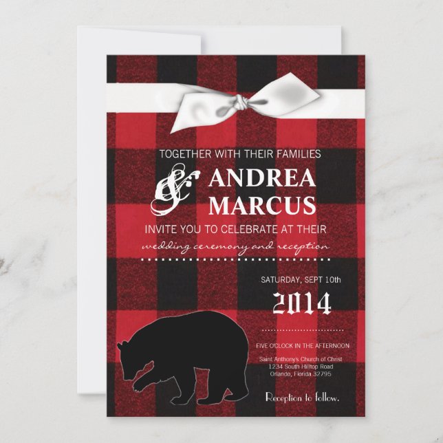Invitación a la boda de bodas negras de oso rojo 5 (Anverso)