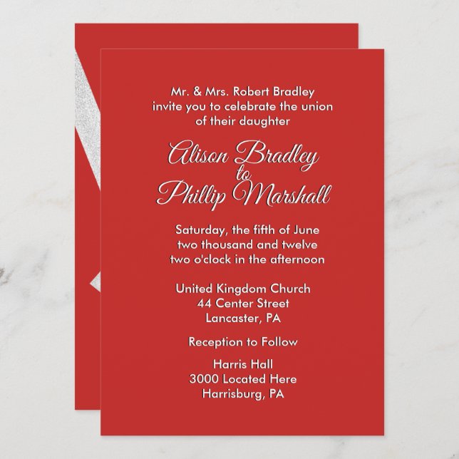 Invitación a la boda de bodas rojas y plateadas (Anverso / Reverso)