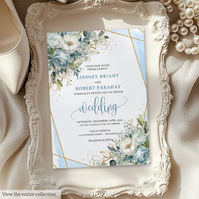 Invitación a la boda de Bohemian Dusty Blue Gold P (Bohemian Dusty Blue Gold Peonies Wedding Invite)