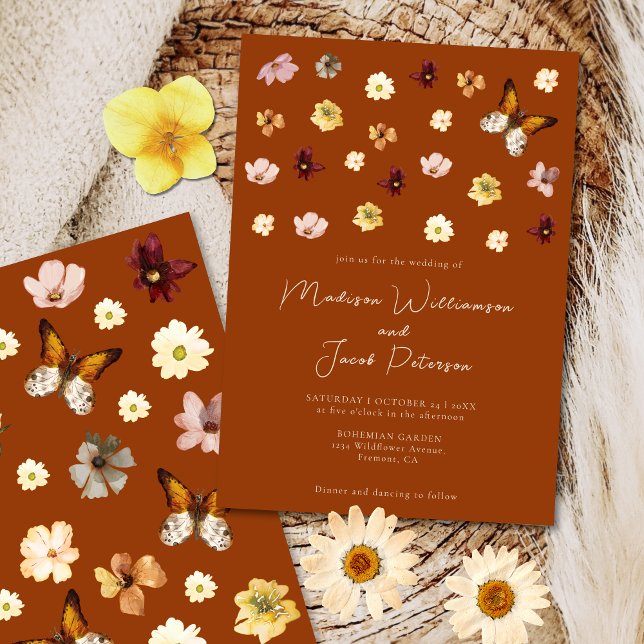 Invitación a la boda de Boho Burnt Naranja Wildflo (Subido por el creador)