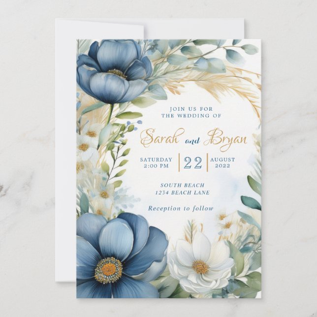 Invitación a la boda de Boho con flor blanca azul  (Anverso)