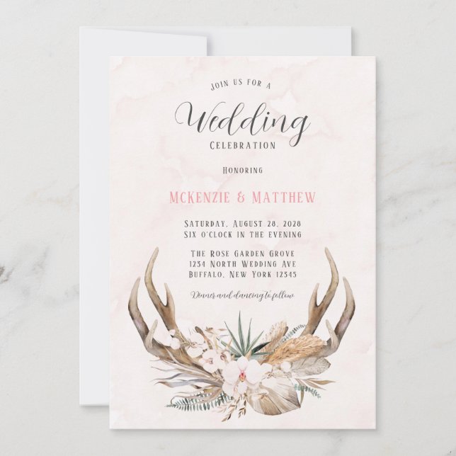 Invitación a la boda de Boho Deer Antlers y Floral (Anverso)