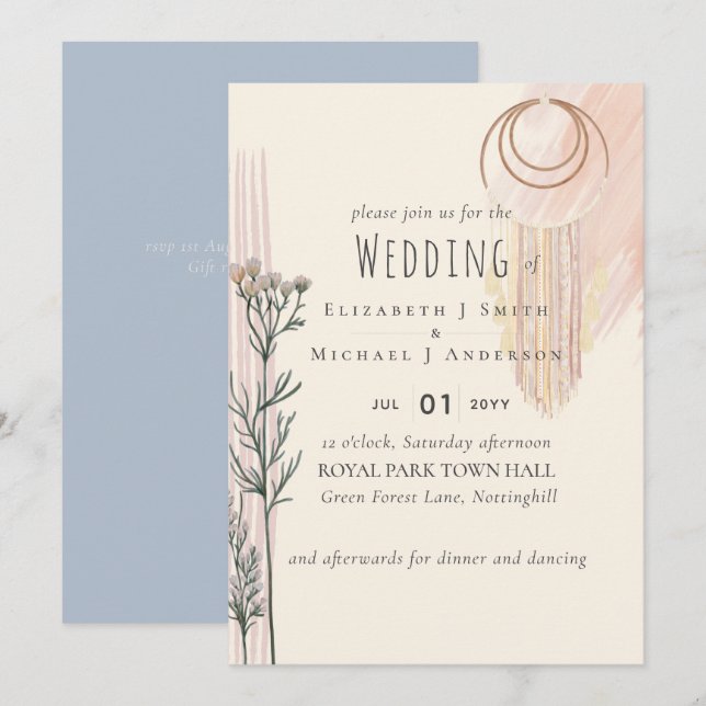 Invitación a la boda de BOHO Dusty Blue Peach (Anverso / Reverso)