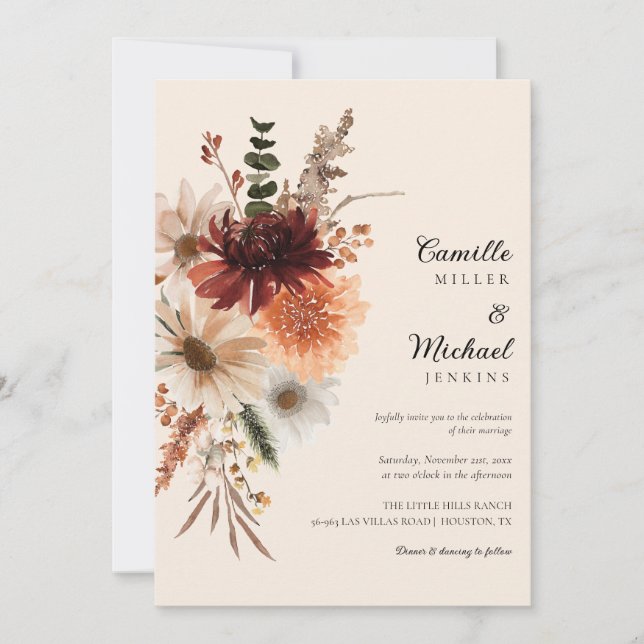 Invitación a la boda de Boho floral de otoño (Anverso)