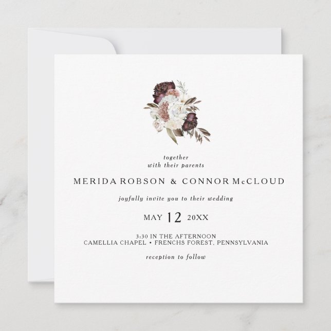 Invitación a la boda de Boho floral en Borgoña (Anverso)