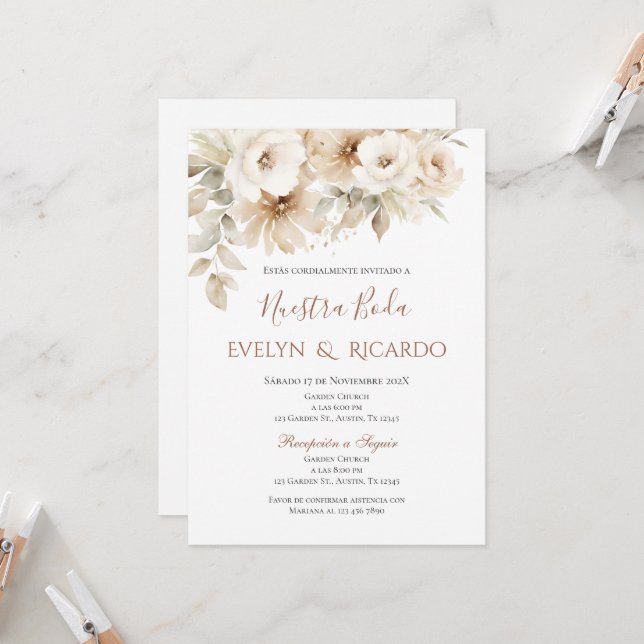 Invitación a la boda de Boho Floral en español (Anverso/Reverso In Situ)