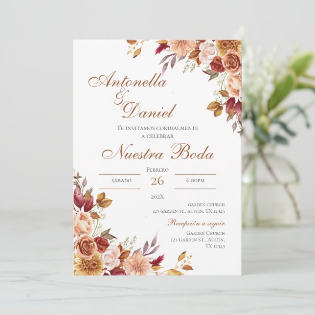 Invitación a la boda de Boho Floral en español (Anverso de pie)