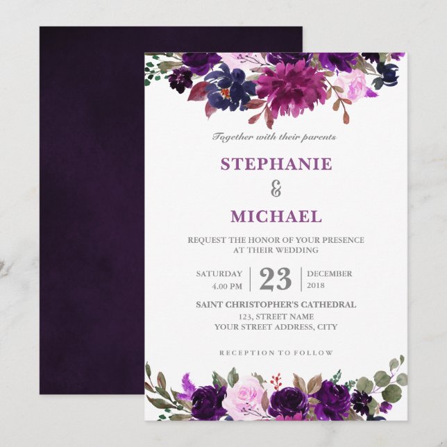 Invitación a la boda de Boho Floral Purple Lavende (Anverso / Reverso)