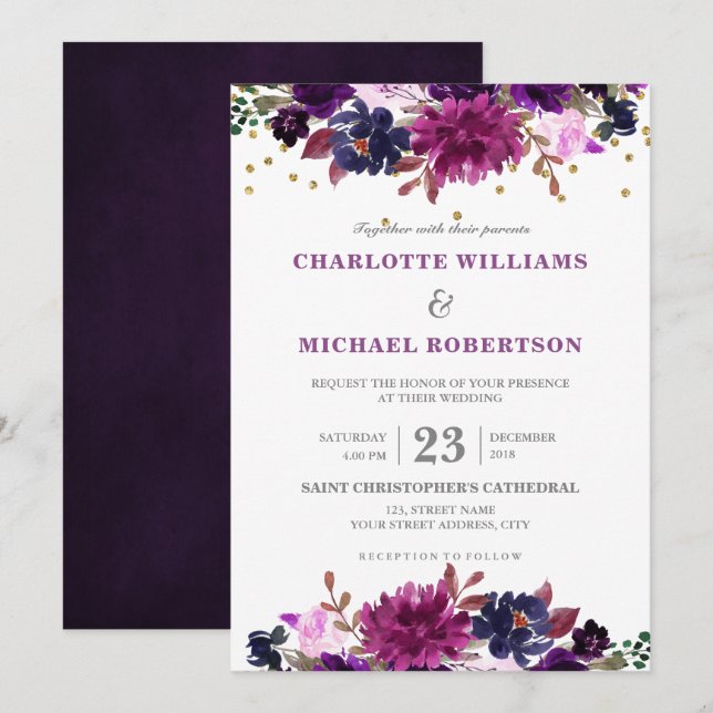 Invitación a la boda de Boho Floral Purple Lavende (Anverso / Reverso)