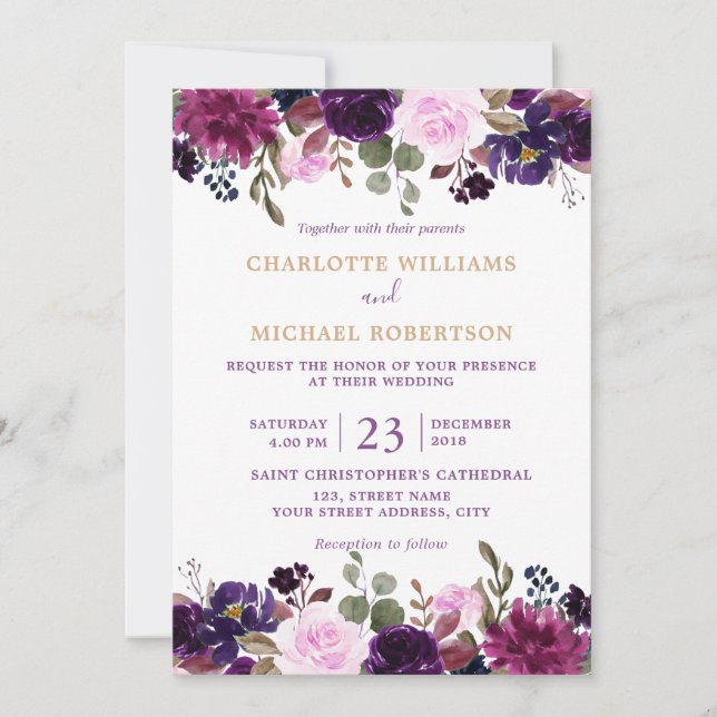 Invitación a la boda de Boho Floral Purple Lavende (Anverso)