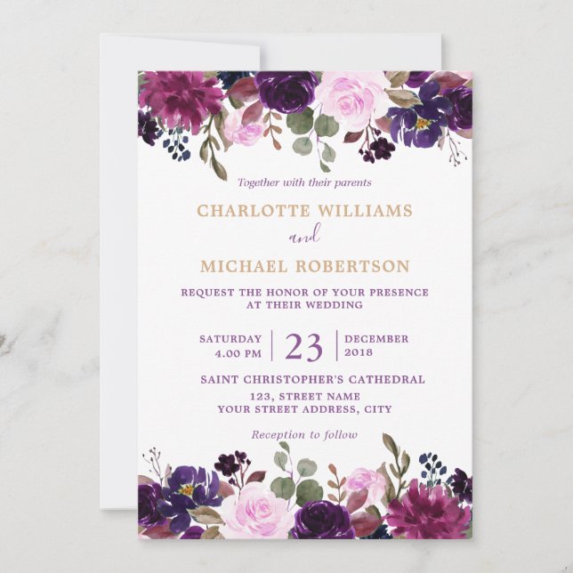 Invitación a la boda de Boho Floral Purple Lavende (Anverso)