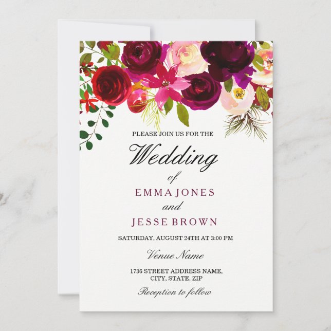 Invitación a la boda de Boho Floral Púrpura Borgoñ (Anverso)