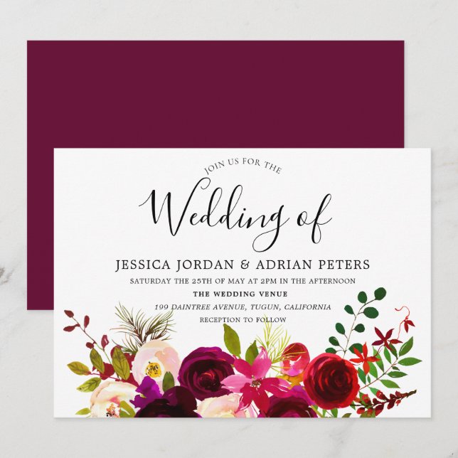 Invitación a la boda de Boho Floral Rojo de Borgoñ (Anverso / Reverso)