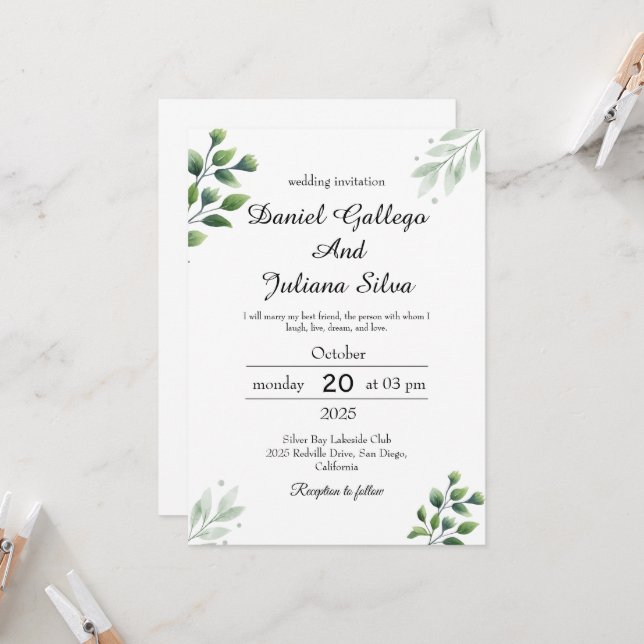 Invitación a la boda de Boho Greenery (Anverso/Reverso In Situ)
