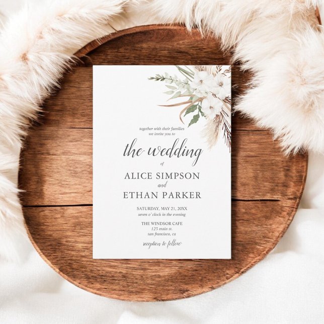 Invitación a la boda de Boho Pampa Grass White Flo (Subido por el creador)