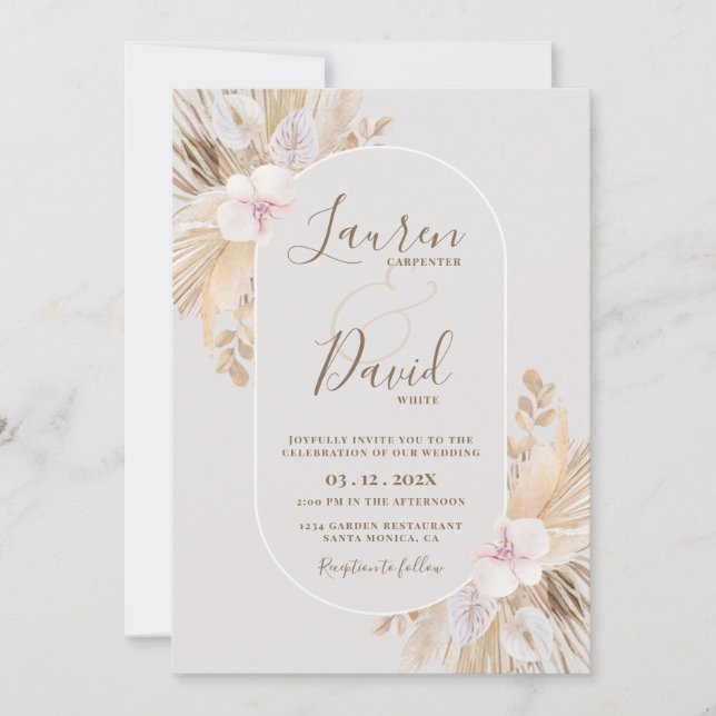 Invitación a la boda de Boho Pampas (Anverso)