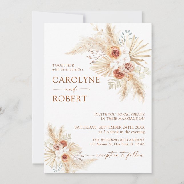 Invitación a la boda de Boho Pampas Grass Terracot (Anverso)
