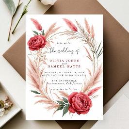 Invitación a la boda de Boho Pampas Rosa Rojo