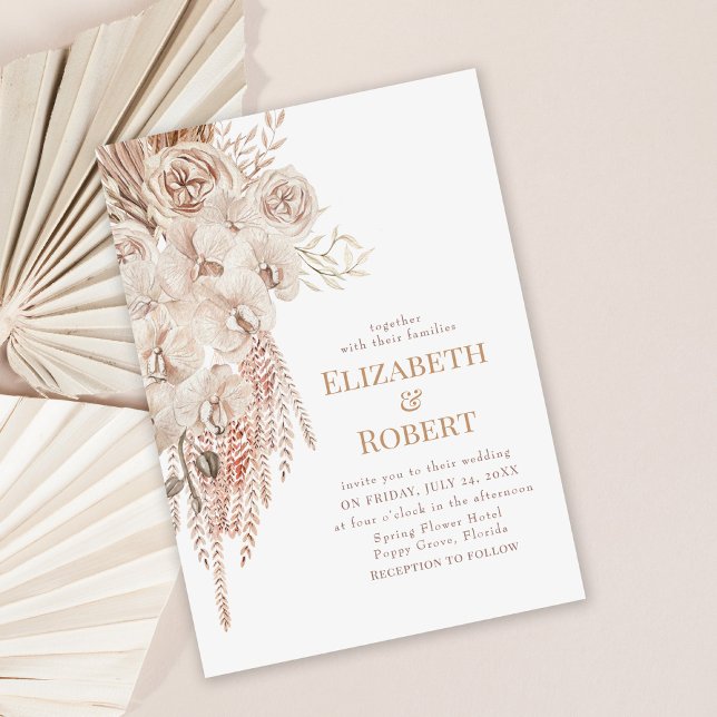 Invitación a la boda de Boho Rubor Orquídeas Rosad (Boho orchid wedding invitation on dusty rose palm leaves background)