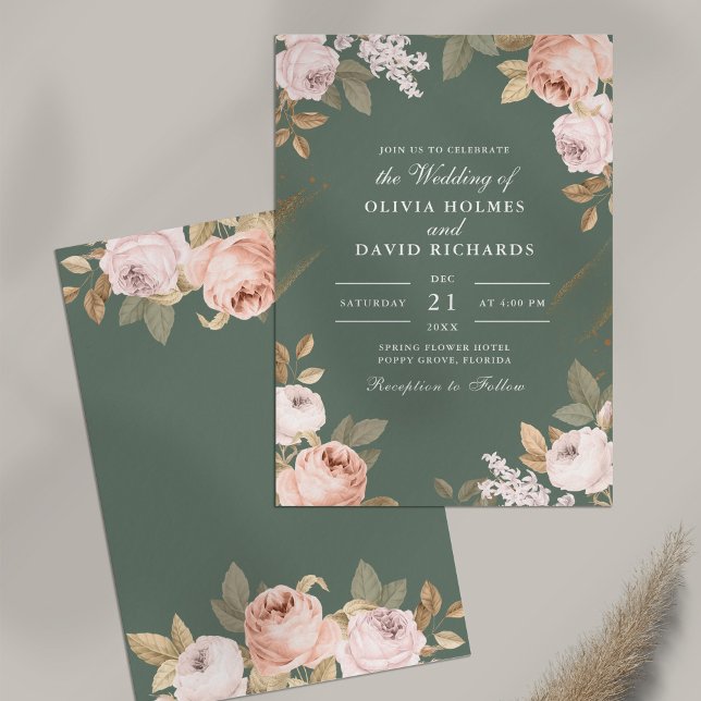 Invitación a la boda de Boho Sage Green Peonies (Boho Sage Green Peonies Wedding Invitation on table)