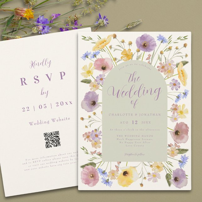 Invitación a la boda de Boho Wildflower Pastel Qr  (Boho wildflower pastel wedding qr code invitation summer watercolor florals )
