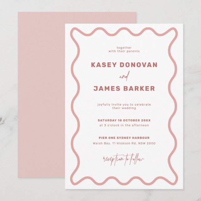 Invitación a la boda de borde de onda rosa y blanc (Anverso / Reverso)