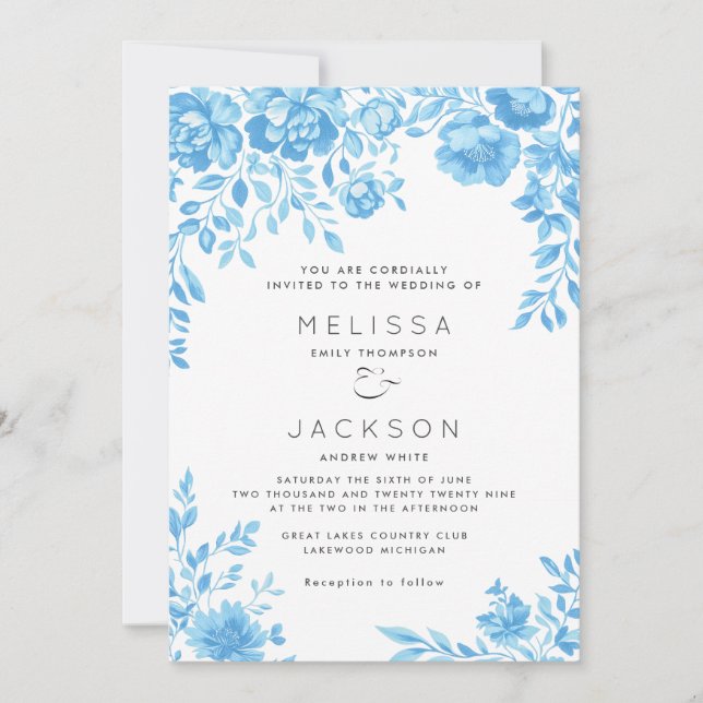 Invitación a la boda de borde floral azul claro (Anverso)