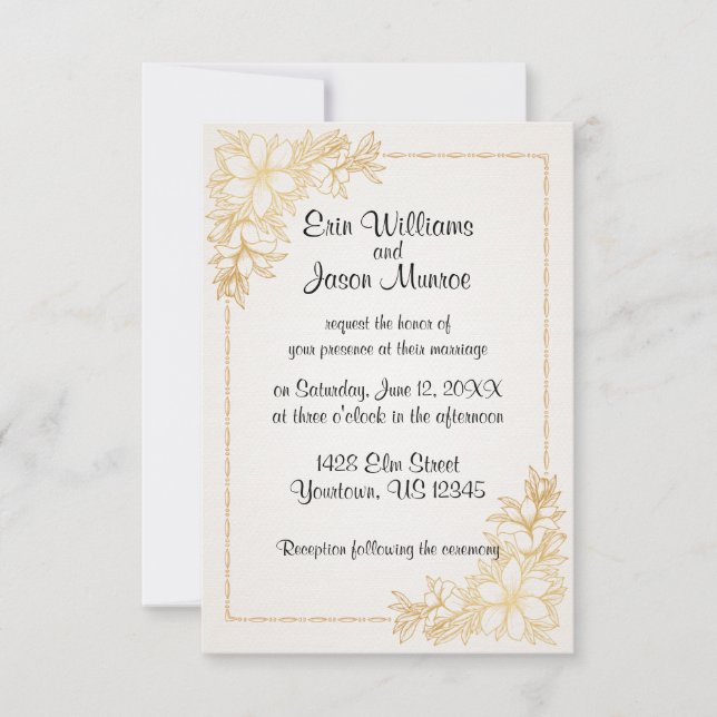 Invitación a la boda de borde floral de oro (Anverso)