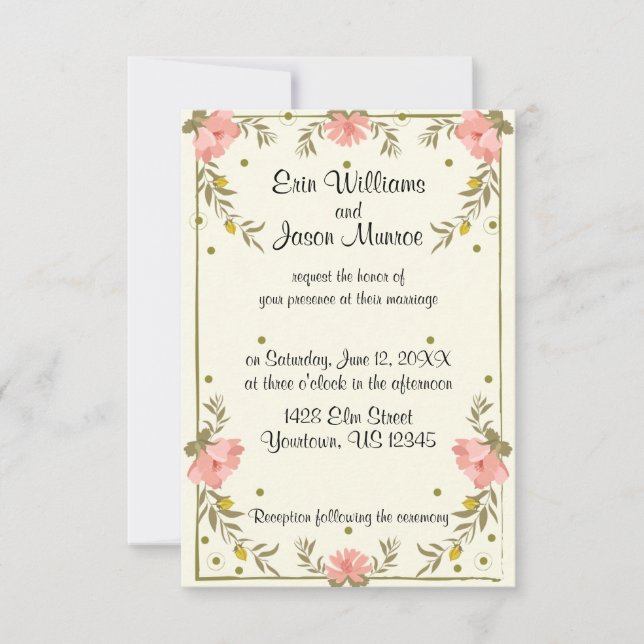 Invitación a la boda de borde floral rosado (Anverso)