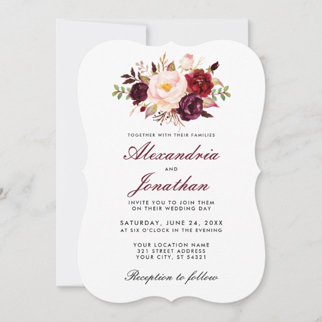 Invitación a la boda de borgoña con acuarela Flora (Anverso)