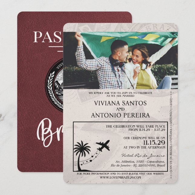 Invitación a la boda de Borgoña en Brasil con pasa (Anverso / Reverso)