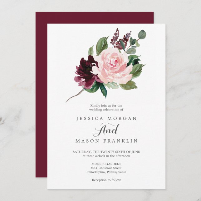 Invitación a la boda de Borgoña en Rubor (Anverso / Reverso)