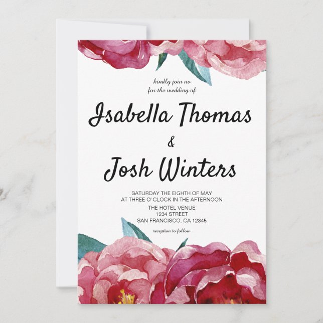 Invitación a la boda de Borgoña Floral (Anverso)