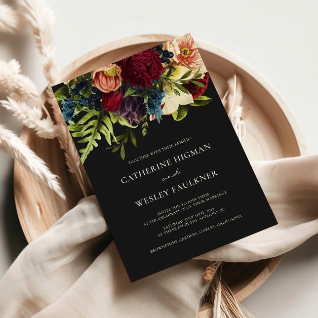 Invitación a la boda de Borgoña Floral Black Moody (Subido por el creador)