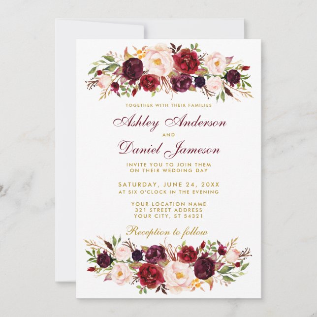 Invitación a la Boda de Borgoña Floral de acuarela (Anverso)