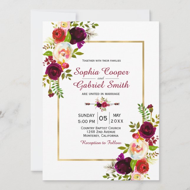 Invitación a la Boda de Borgoña Floral Gold Frame (Anverso)