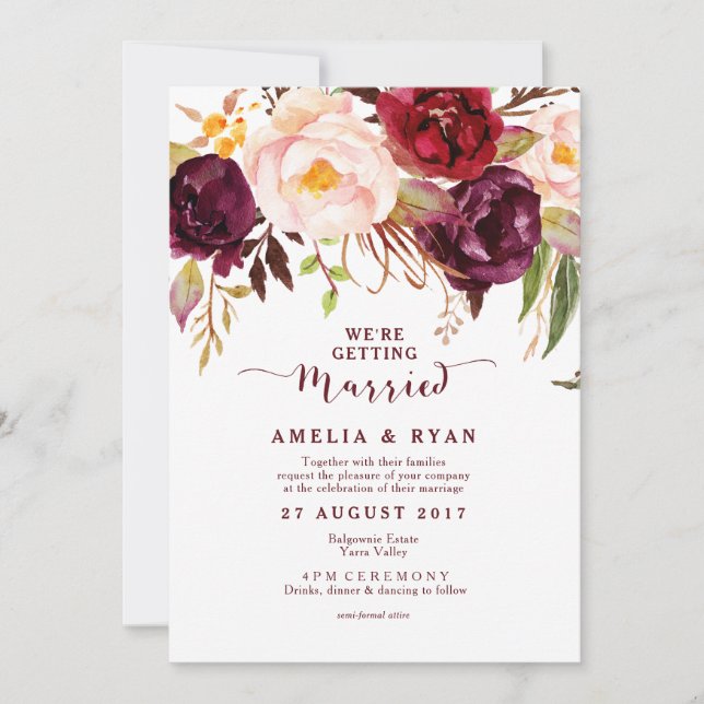 Invitación a la boda de Borgoña Floral Marsala (Anverso)