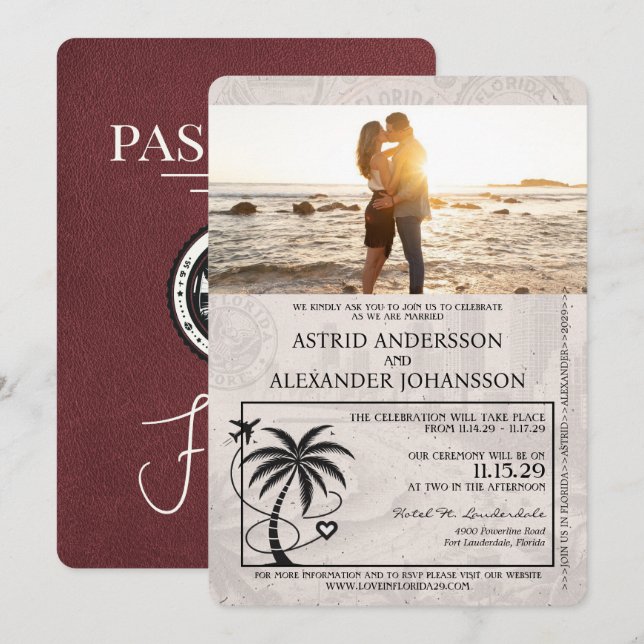 Invitación a la boda de Borgoña Florida Passport (Anverso / Reverso)