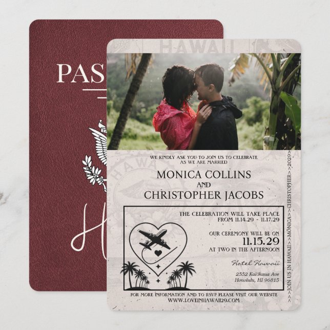 Invitación a la boda de Borgoña Hawaii Passport (Anverso / Reverso)