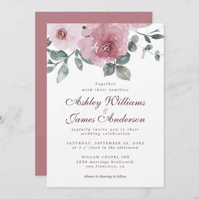 Invitación a la boda de Borgoña, Rosa de Dusty Flo (Anverso / Reverso)