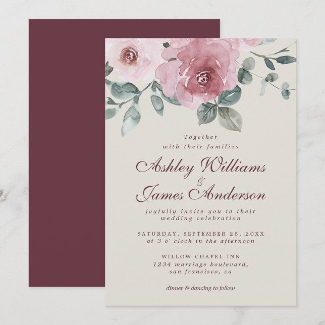 Invitación a la boda de Borgoña Rosa Dusty Floral (Anverso / Reverso)