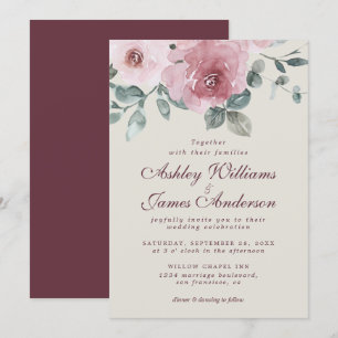 Invitación a la boda de Borgoña Rosa Dusty Floral