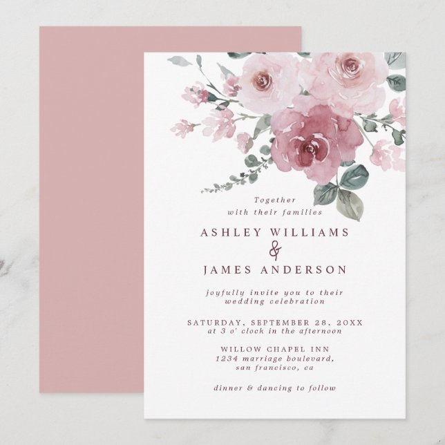 Invitación a la boda de Borgoña Rosa Dusty Floral (Anverso / Reverso)