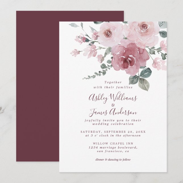 Invitación a la boda de Borgoña Rosa Dusty Floral (Anverso / Reverso)