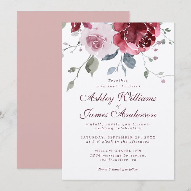 Invitación a la boda de Borgoña Rosa Dusty Floral (Anverso / Reverso)