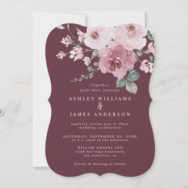 Invitación a la boda de Borgoña Rosa Dusty Floral (Anverso)