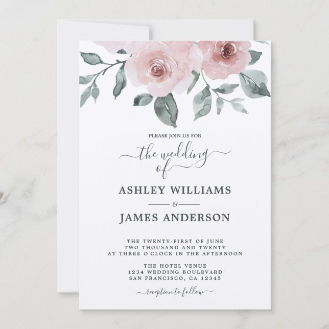 Invitación a la boda de Borgoña Rosa Dusty Floral (Anverso)